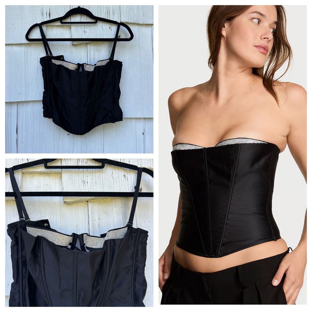 Victorias Secret Black Satin Rhinestone Trim Corset Top Lace Up Back Small NWT